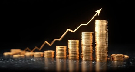 Gold coins rising graph, financial growth, dark background, investment success