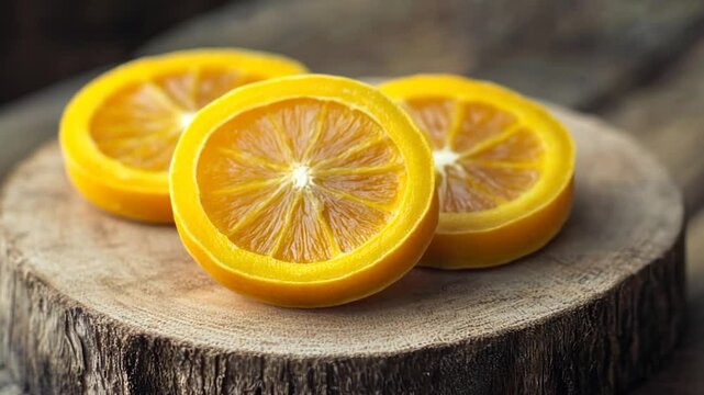 Close-up of three slices of bright yellow citrus fruit on a wooden stump
