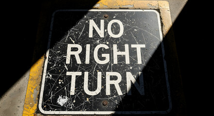 Worn No Right Turn Sign With Shadow Overlay On Concrete Road Surface