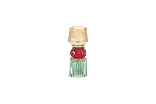 Stacked colorful glass votive candle holders with embossed patterns isolated on transparent background