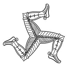Triskelion of three bent human legs in armor. Triskele motif, a triple leg, appearing to run and hint clockwise movement. Symbol since Hellenistic period, used in Isle of Man flag and coat of arms.