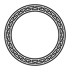 Smooth meander pattern, circle frame. Decorative circular border with a zipper-like pattern, made of a continuous line, shaped into a seamless motif. Also known as Greek key. Illustration. Vector