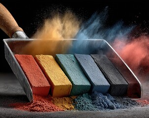 .A stainless steel dustpan filled with colored chalk is catching the powder, with a black background. This is a studio photography, product photography picture