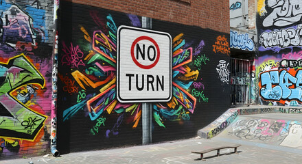 Urban Artistry No Turn Graffiti Sign Displaying Counter Culture Messages
