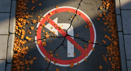 Cracked Pavement Sign No Left Turn Surrounded By Autumn Leaves
