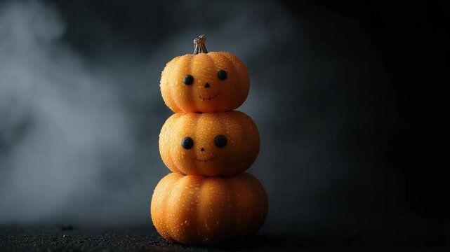 Halloween concept. A stack of three cute mini pumpkins with smiling faces sits against a dark, misty background.