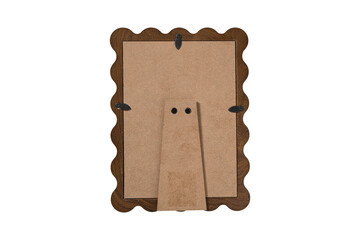 Wooden photo frame with scalloped edges and stand isolated on transparent background