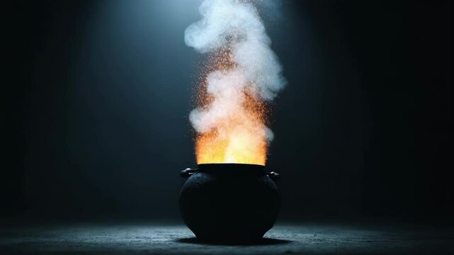 Halloween concept. A black cauldron emits magical smoke and glowing sparks under dramatic lighting in a dark, mysterious setting.
