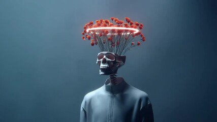 Halloween concept. A surreal figure with a human skeleton and flowers growing from the skull, surrounded by a glowing neon ring. - Powered by Adobe