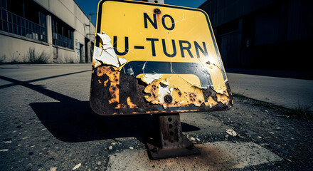 Worn No U-Turn Sign Showing Its Age on the Side of Industrial Road