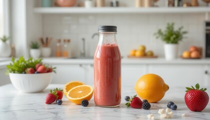 Refreshing Fruit Smoothie with Berries and Citrus on Kitchen Counter