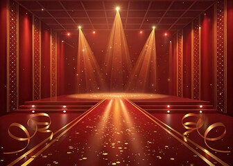 Red carpet stage with spotlights and golden confetti
