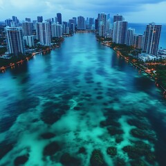 Stunning view of a city by the water at dusk.