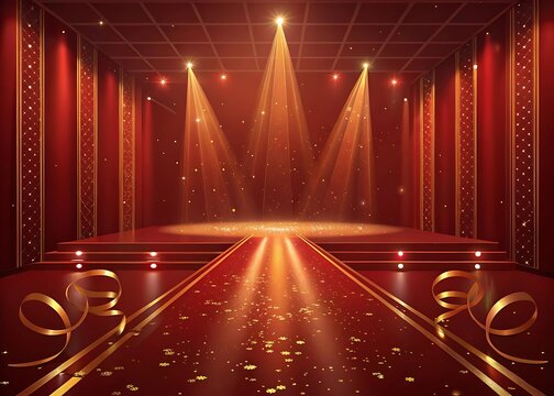 Red carpet stage with spotlights and golden confetti