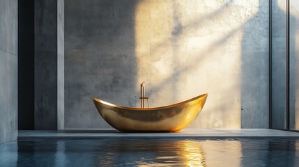 Gold lined bathtub with a minimalistic stand surrounded by concrete walls on modern pool background
