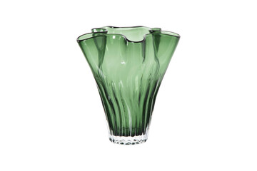 Elegant green glass vase with wavy rim and vertical ribbed texture isolated on transparent...