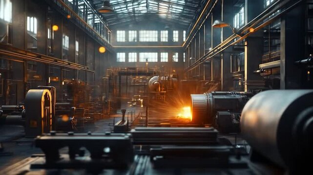 Industrial Forge: Sparks Fly in a Dynamic Factory Interior - Metalworking in Action