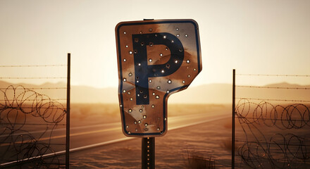Worn Parking Sign On Desert Road With Bullet Holes And Barbwire Fence