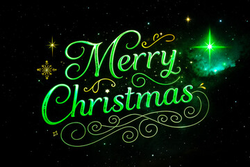  "Merry Christmas in Green with Sparkling Stars - Holiday Message"