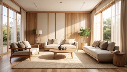 Cozy Living Room with Natural Light and Warm Tones, Inviting Living Space with Modern Minimalist Design and Wooden Accents
