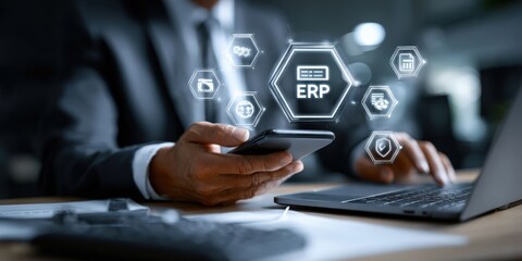 Businessman Managing ERP and Document Systems with Smartphone and Laptop in Modern Office