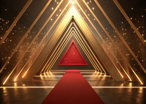 Golden triangular tunnel with red carpet lights