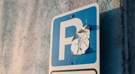 Worn Parking Sign With Peeling Sticker Depicting Deterioration And Limited Space