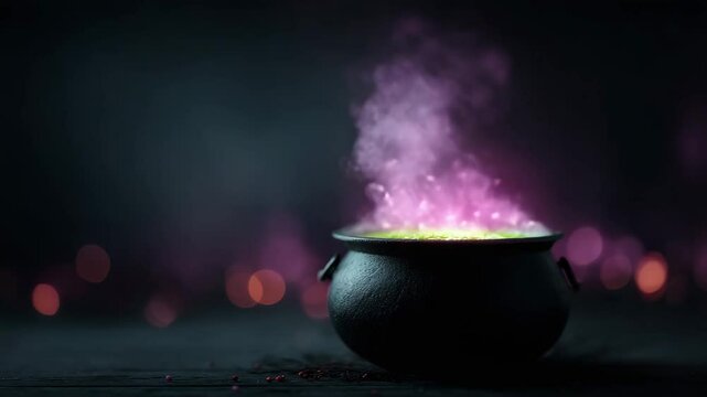 Halloween concept. A magical black cauldron emits glowing pink and green smoke and sparkles in a dark, mysterious setting.