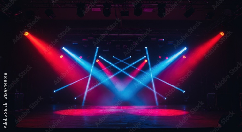 Poster dynamic stage lighting setup illuminating a performance area with vivid red and blue hues