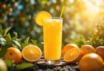 Refreshing Orange Juice with Fresh Oranges in Bright Sunshine