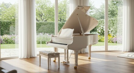Elegance resonates: A grand piano in pristine white amidst light filled serenity