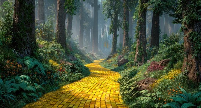 Yellow Brick Road winding through enchanted forest; misty background, fantasy adventure scene, fairytale illustration - Powered by Adobe