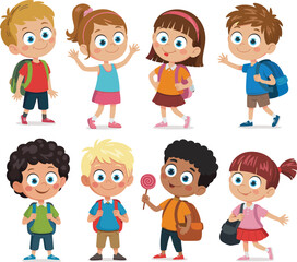 Cartoon school children with backpacks smiling, standing and walking, colorful vector characters perfect for educational, learning, and back-to-school themes flat vector illustration