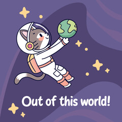 A cute cat astronaut floats in space, gently holding a miniature Earth, amidst stars and swirling nebulae.