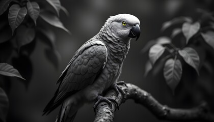 Obraz premium A striking photograph captures a parrot perched upon a branch, its plumage rendered in shades of gray, creating a stark, almost ethereal effect