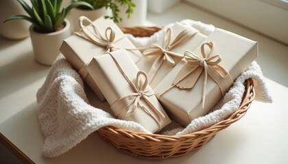 Elegant Gift Boxes Wrapped in Beige Ribbon in Wicker Basket with Soft Cloth and Green Plant