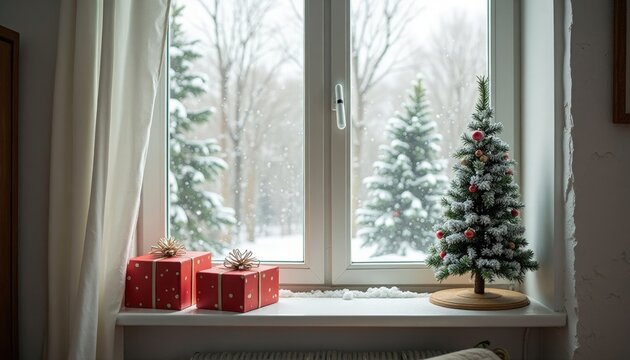 Decorative Christmas Tree with Red Gift Boxes on Windowsill in Snowy Winter Scene