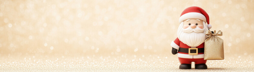 Glowing holiday illustration of Santa Claus holding golden gift bag with festive background and warm light bokeh