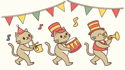 Three cartoon cats in a parade playing musical instruments under a string of colorful flags.