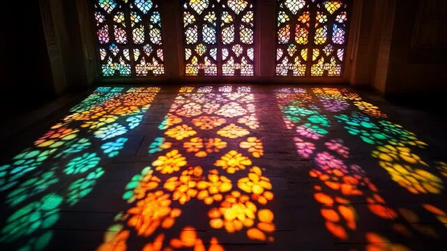 Kaleidoscope of Light: Stained Glass Window Creates Colorful Patterns on Floor - Powered by Adobe