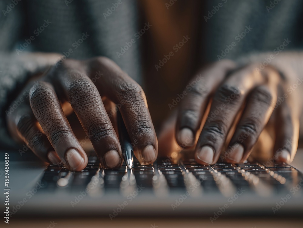 Poster close-up shows a person typing on a laptop, the dark-skinned hands deftly navigating the illuminated