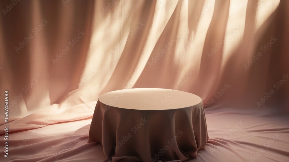 Poster elegant beige draped fabric background with round table display