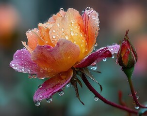 A dewy rose with morning raindrops on its petals sparkling with soft pink and orange colors symbolizing love and care. The focus is on the face.