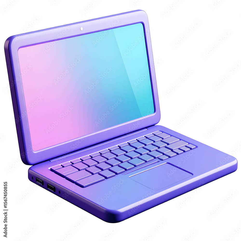 Poster vibrant modern portable laptop computer with multicolor gradient design and luminous screen on trans