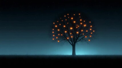 Halloween concept. A leafless tree at night decorated with glowing jack-o'-lanterns, creating a spooky and festive Halloween atmosphere. - Powered by Adobe