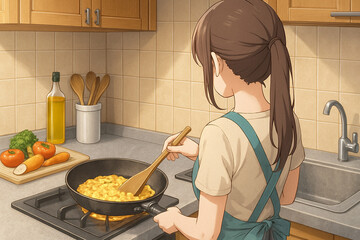 キッチンで料理のイラスト