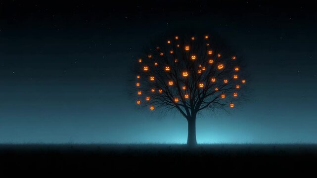 Halloween concept. A leafless tree at night decorated with glowing jack-o'-lanterns, creating a spooky and festive Halloween atmosphere.