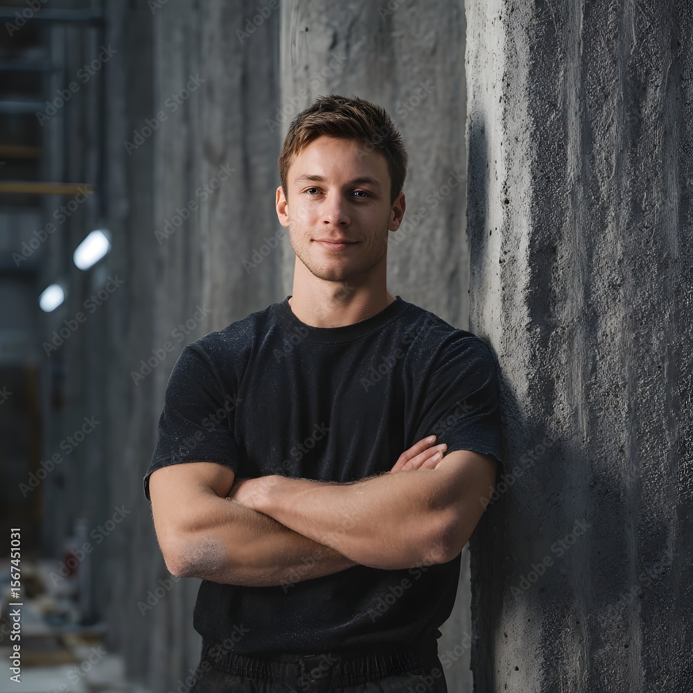 Aufkleber engineer standing next to a 3d printed concrete structure in an eco building lab