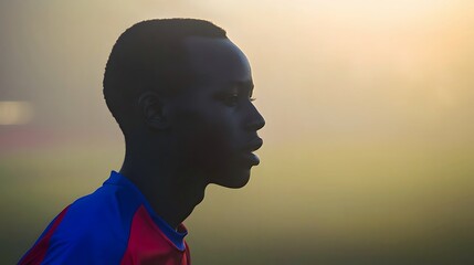 Profile of a young Black male soccer player in a misty setting, focused and contemplative.