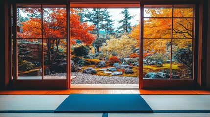 Fototapeta premium Elegant tatami room with autumn foliage view perfect for interior magazines or cultural retreats